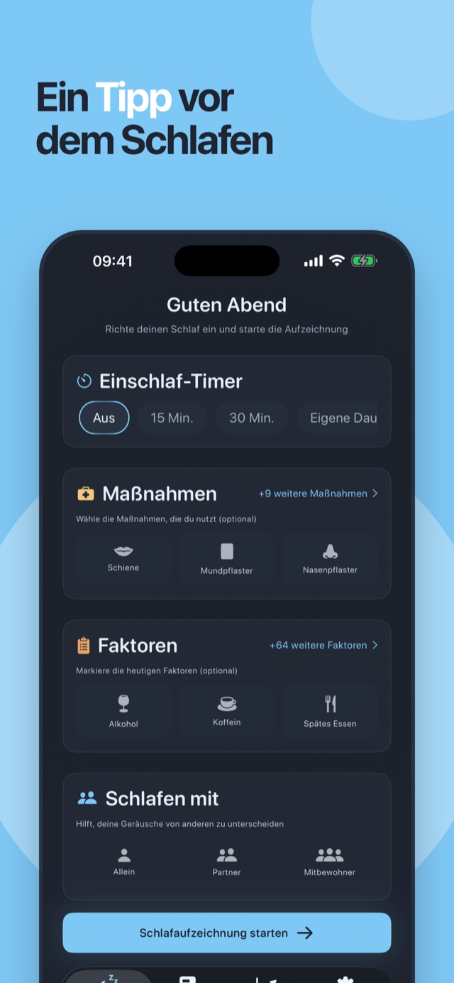 Ein Tippen vor dem Schlafen – der Loir-Startbildschirm mit Schlaf-Timer, Maßnahmen und Faktoren