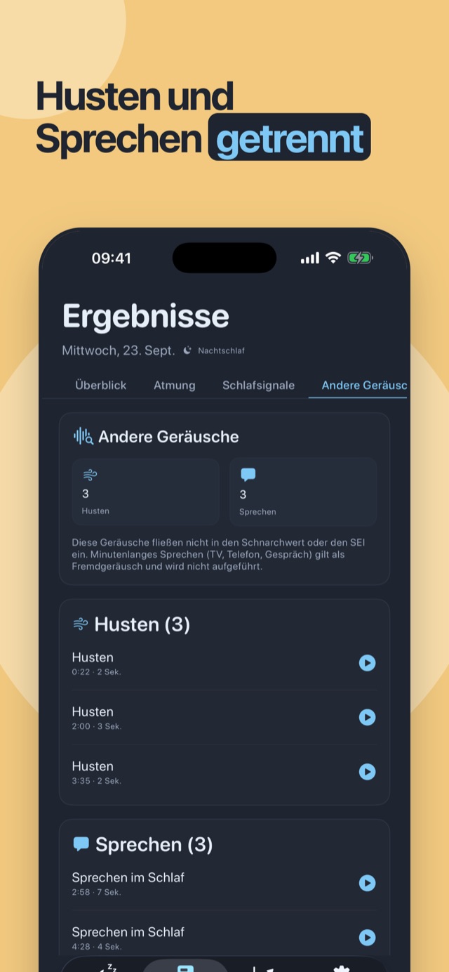 Husten und Sprechen bleiben getrennt – separat erkannt, nie im Schnarchwert