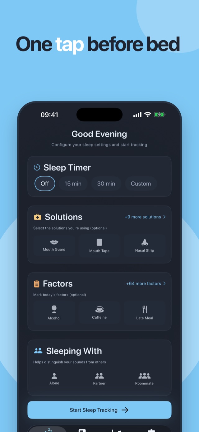 One tap before bed — the Loir home screen with sleep timer, solutions and factors