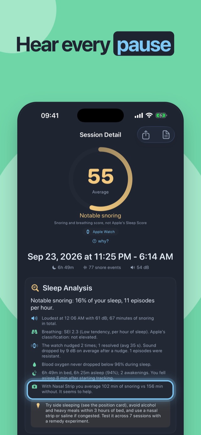Hear every pause — night detail with the sleep analysis and playable clips