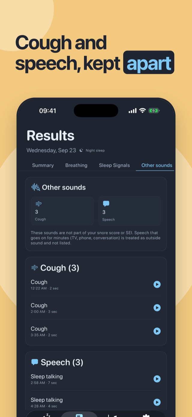 Cough and speech, kept apart — detected separately, never in the snore score
