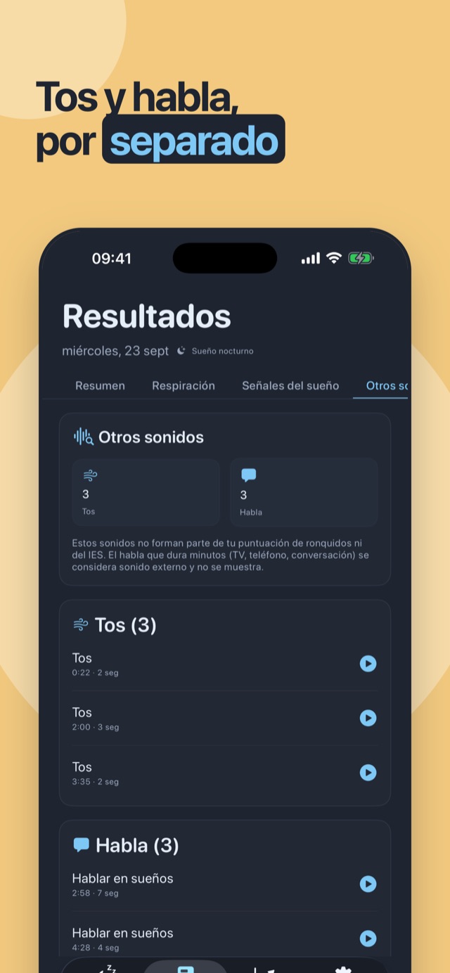 Tos y habla, por separado: se detectan aparte y nunca entran en la puntuación de ronquidos