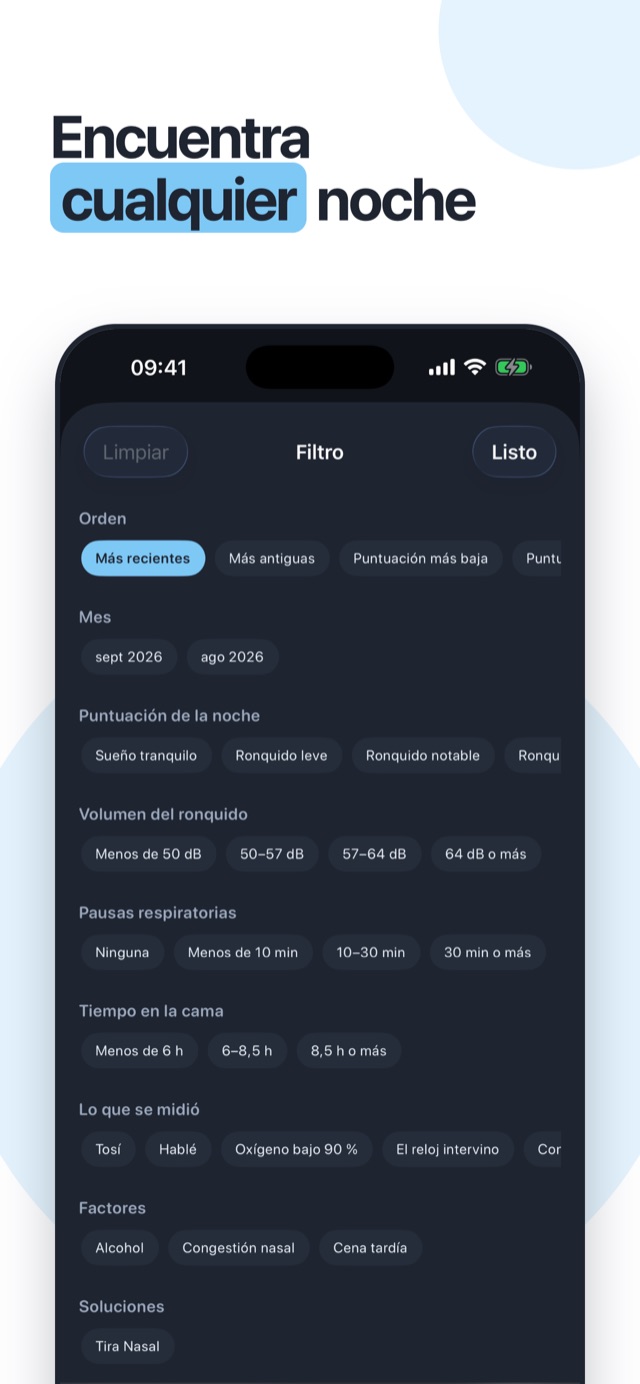 Encuentra cualquier noche: filtra por mes, volumen, pausas, factores y lo que se midió
