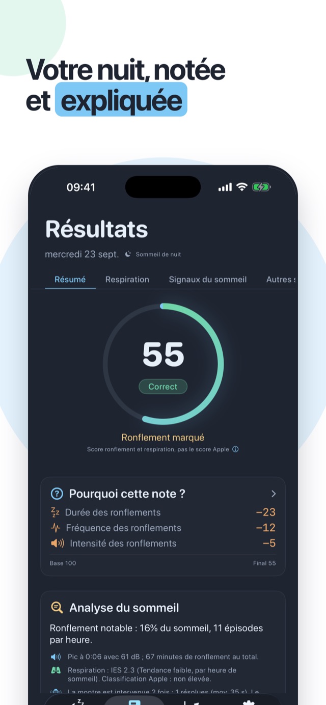 Votre nuit, notée et expliquée — la note de la nuit et le détail « pourquoi cette note »