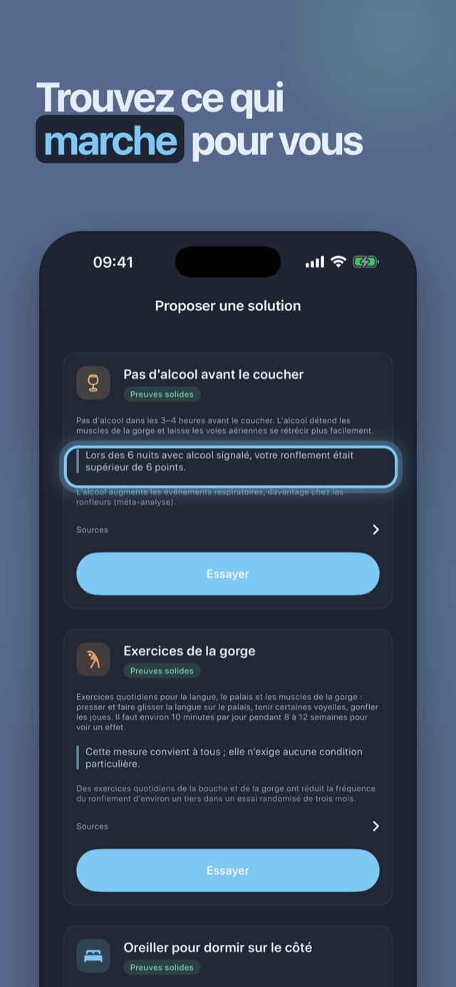 Trouvez ce qui marche pour vous — des solutions graduées par niveau de preuve, bâties sur vos propres nuits