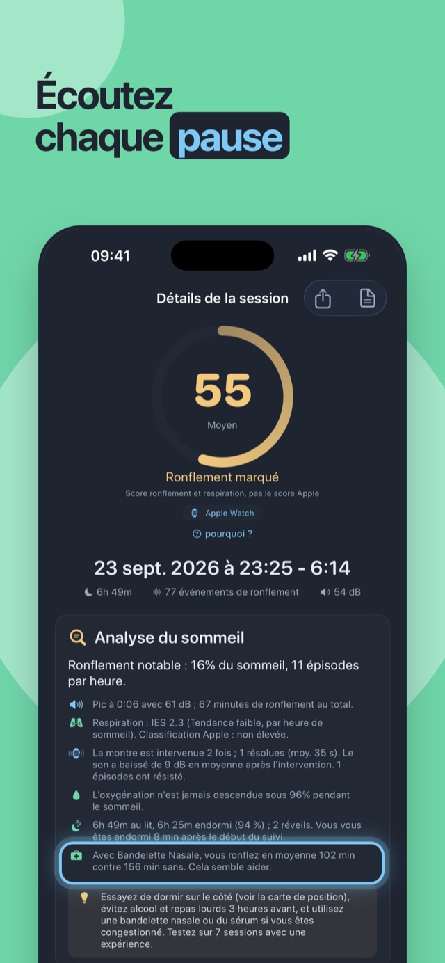 Entendez chaque pause — le détail de la nuit avec l’analyse du sommeil et les extraits à écouter