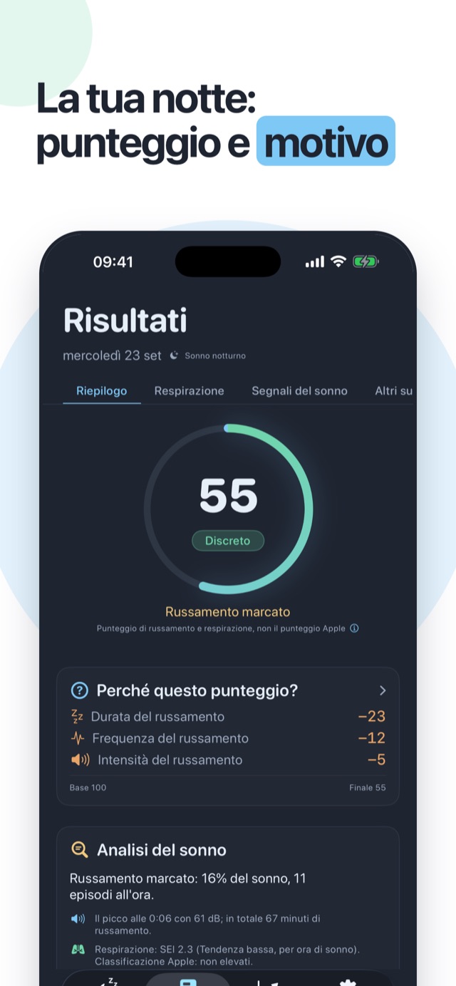 La tua notte, con punteggio e spiegazione — il punteggio notturno e il dettaglio del perché