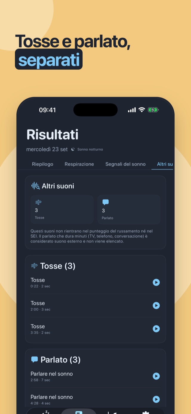 Tosse e parlato, tenuti separati — rilevati a parte, mai dentro il punteggio del russamento