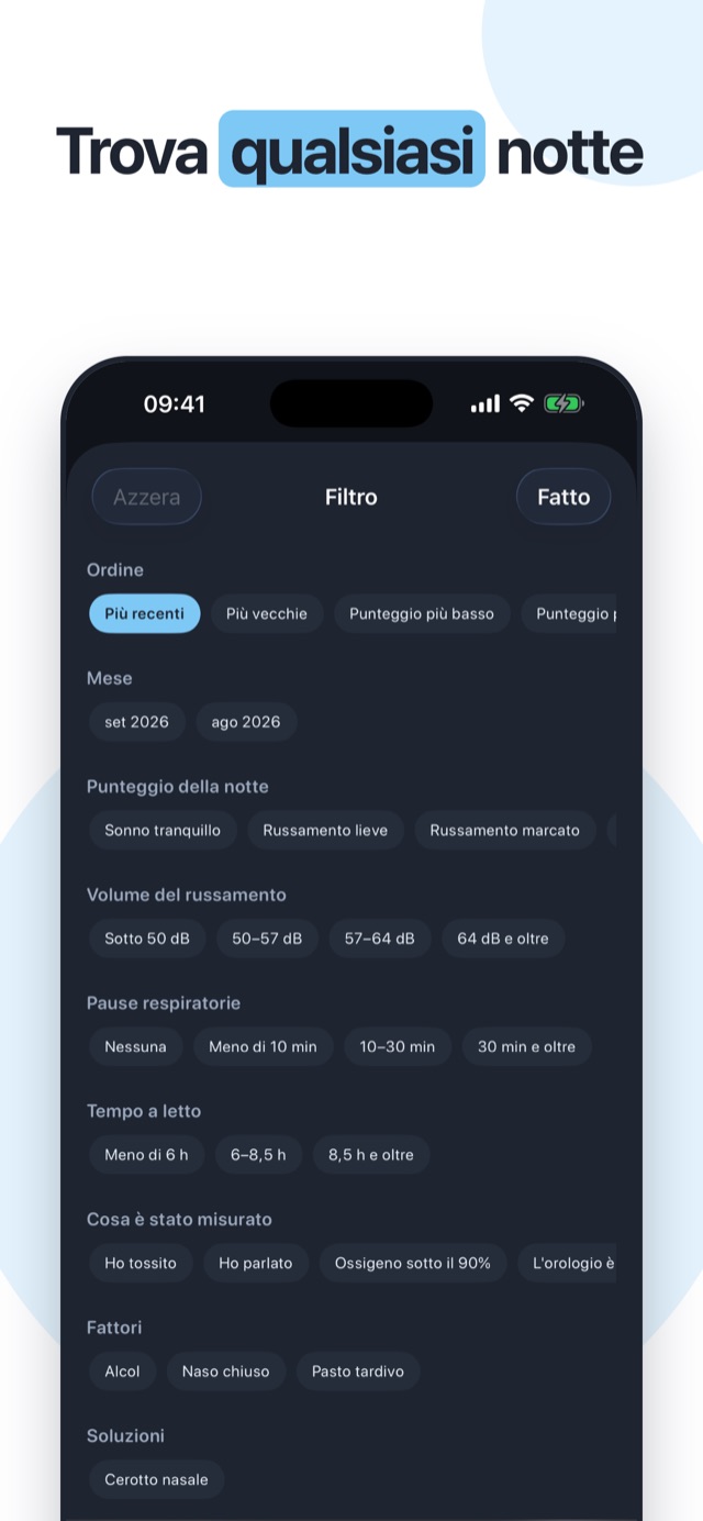 Ritrova qualsiasi notte — filtri per mese, intensità, pause, fattori e dati misurati