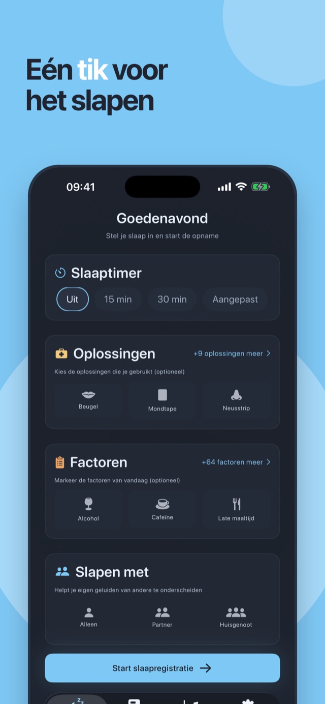 Eén tik voor het slapengaan — het beginscherm van Loir met slaaptimer, oplossingen en factoren