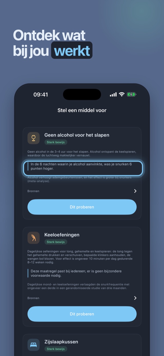 Vind wat voor jou werkt — remedies met bewijsniveau, opgebouwd uit je eigen nachten