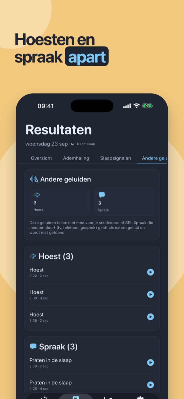 Hoesten en praten apart gehouden — los herkend, nooit in de snurkscore