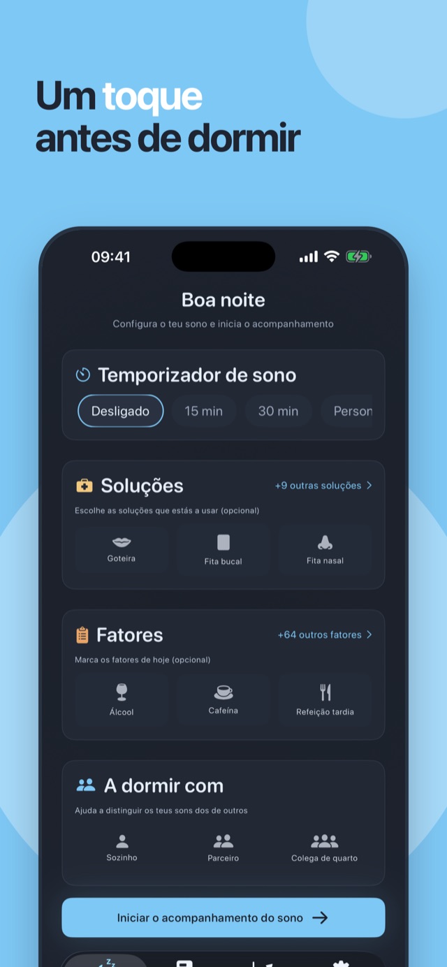 Um toque antes de dormir — o ecrã inicial do Loir com temporizador de sono, soluções e fatores