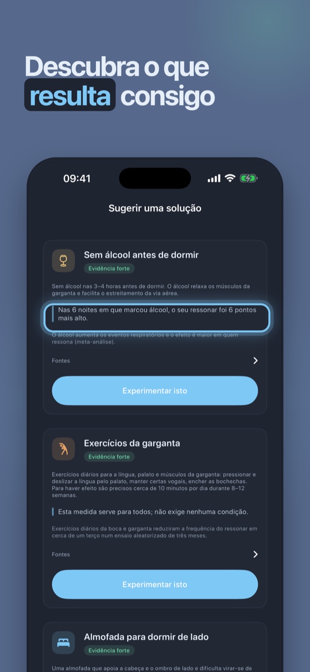 Descubra o que resulta consigo — medidas com nível de evidência, construídas a partir das suas noites