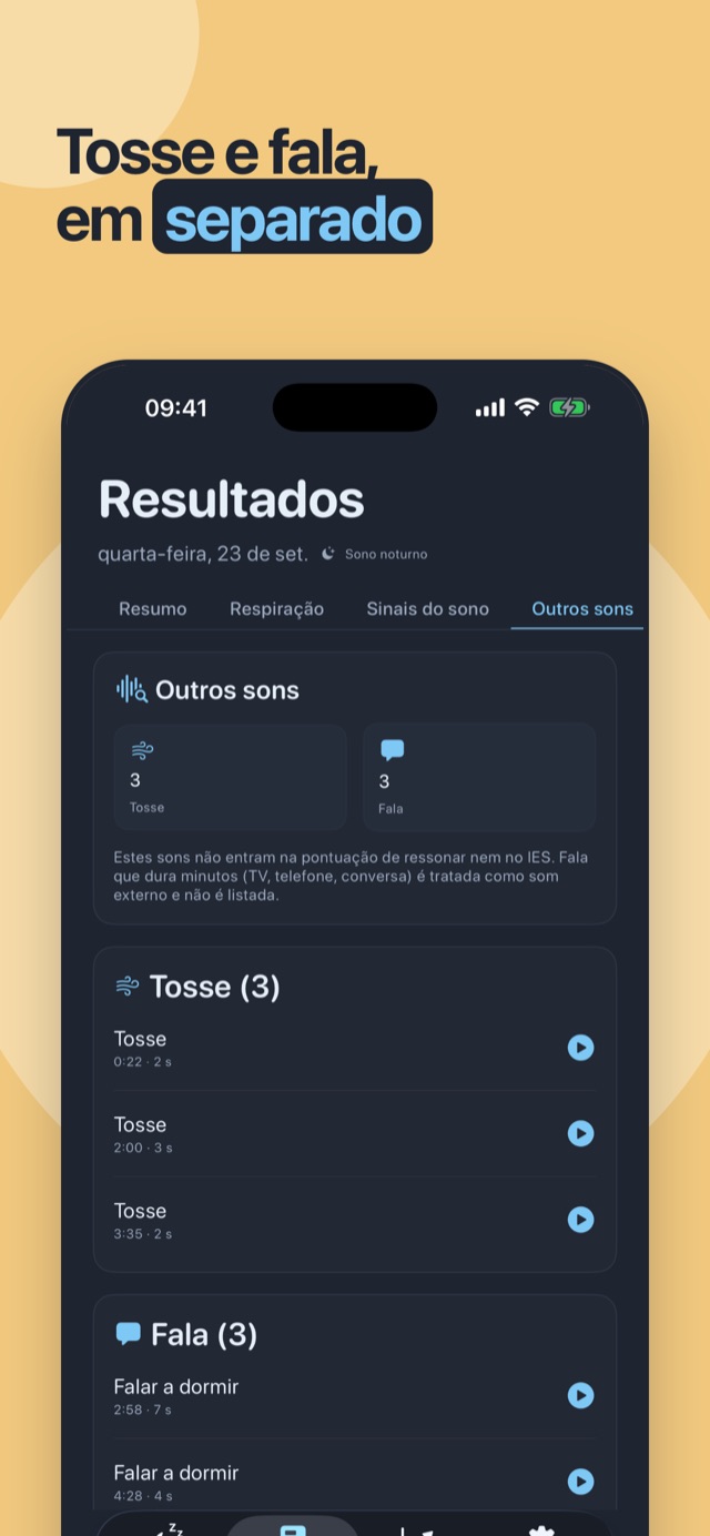 Tosse e fala, mantidas à parte — detetadas em separado, nunca na pontuação do ressonar