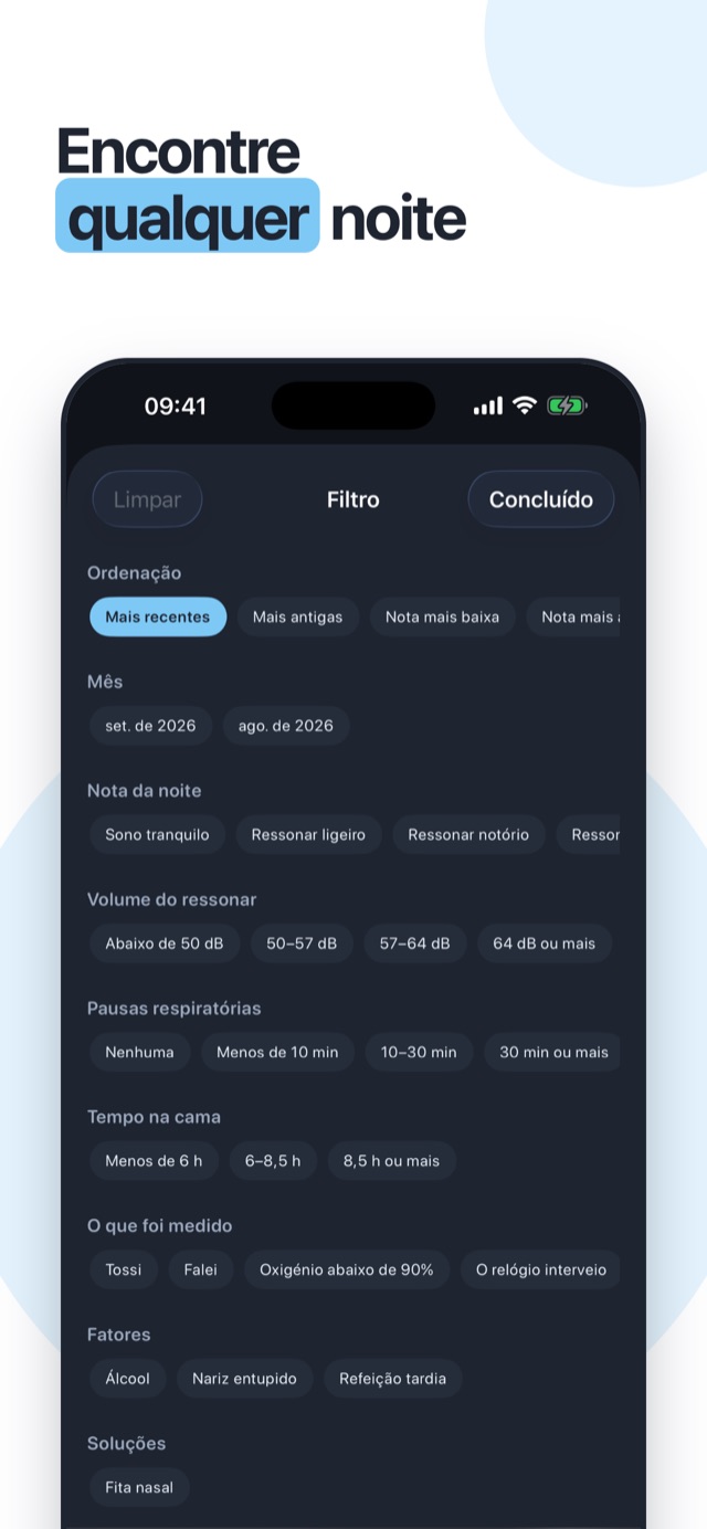 Encontre qualquer noite — filtre por mês, intensidade, pausas, fatores e o que foi medido
