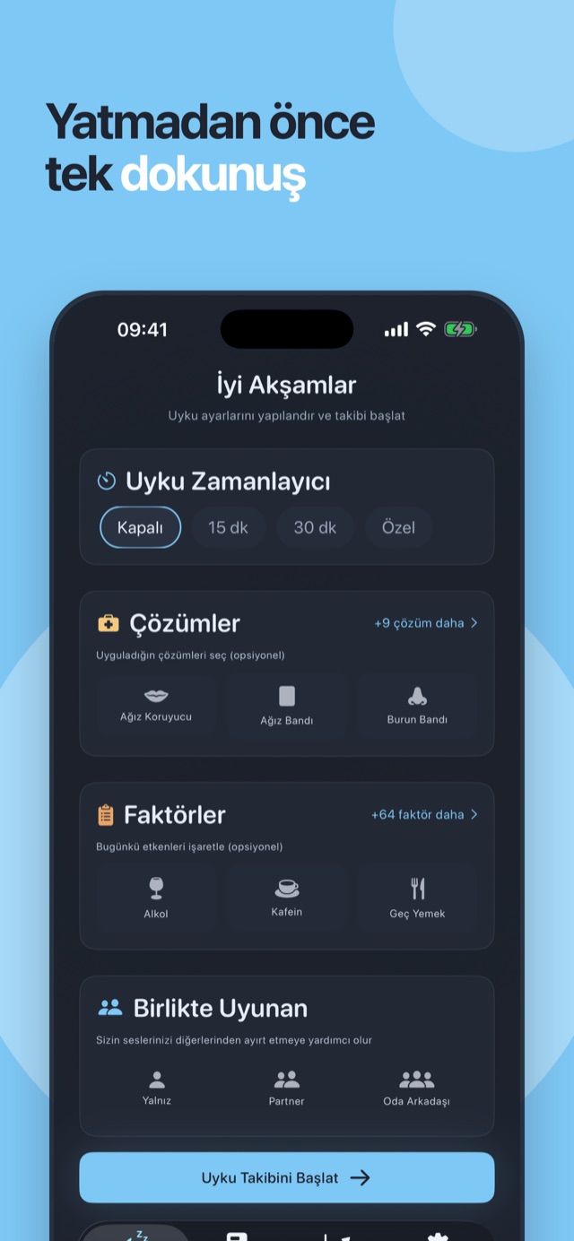 Yatmadan önce tek dokunuş — uyku sayacı, çözümler ve etkenlerle Loir ana ekranı