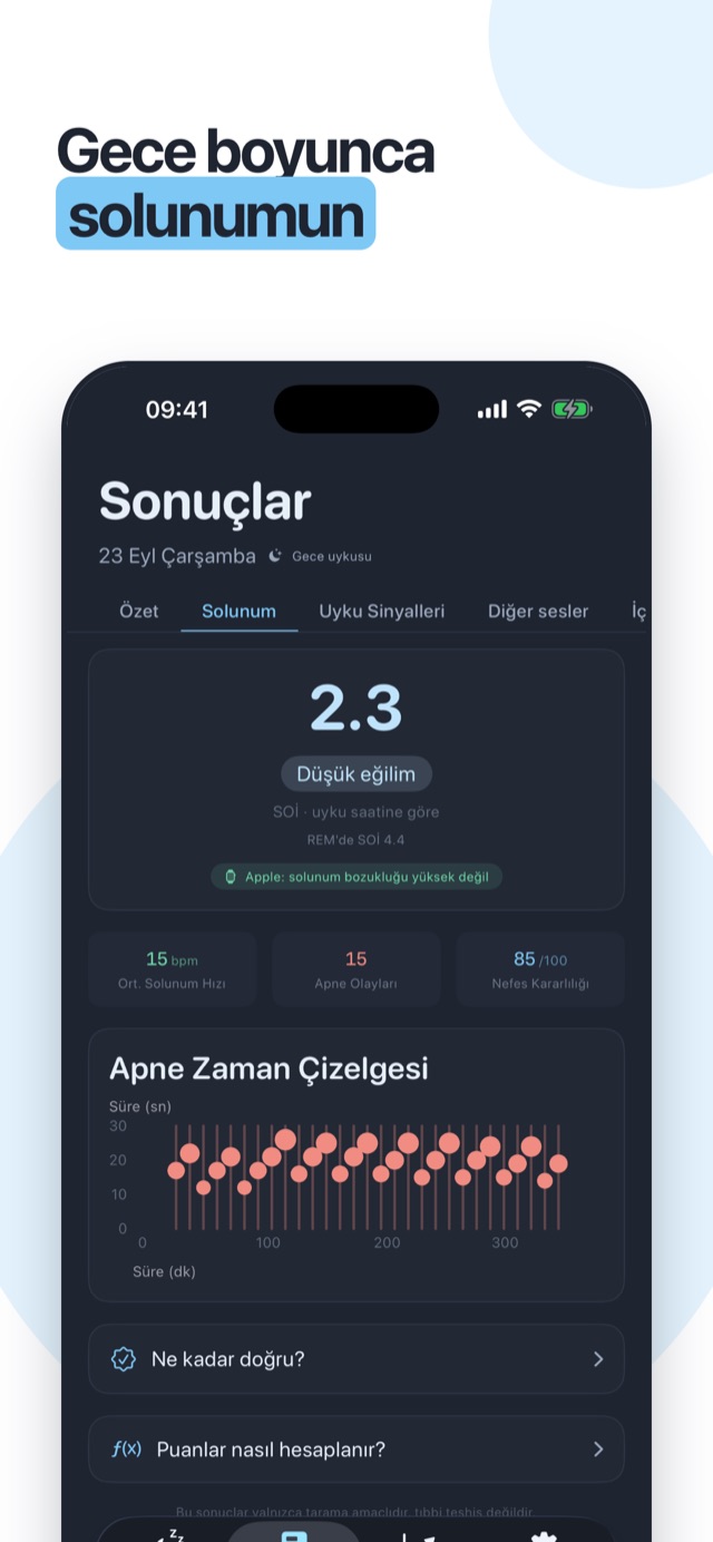 Nefesiniz, gece boyunca — SEI, nefes kararlılığı ve duraklama zaman çizelgesi