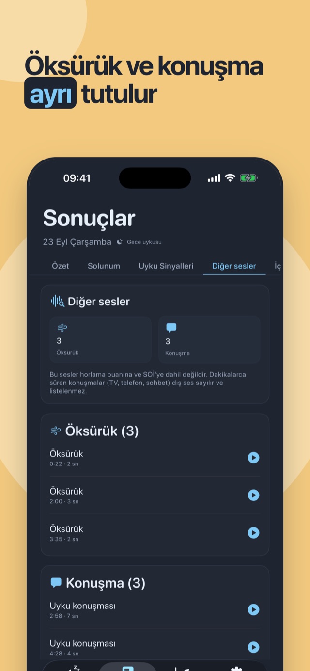 Öksürük ve konuşma ayrı tutulur — ayrıca tespit edilir, horlama puanına girmez