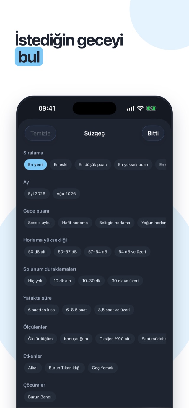 İstediğiniz geceyi bulun — aya, sese, duraklamalara, etkenlere ve ölçülenlere göre filtre